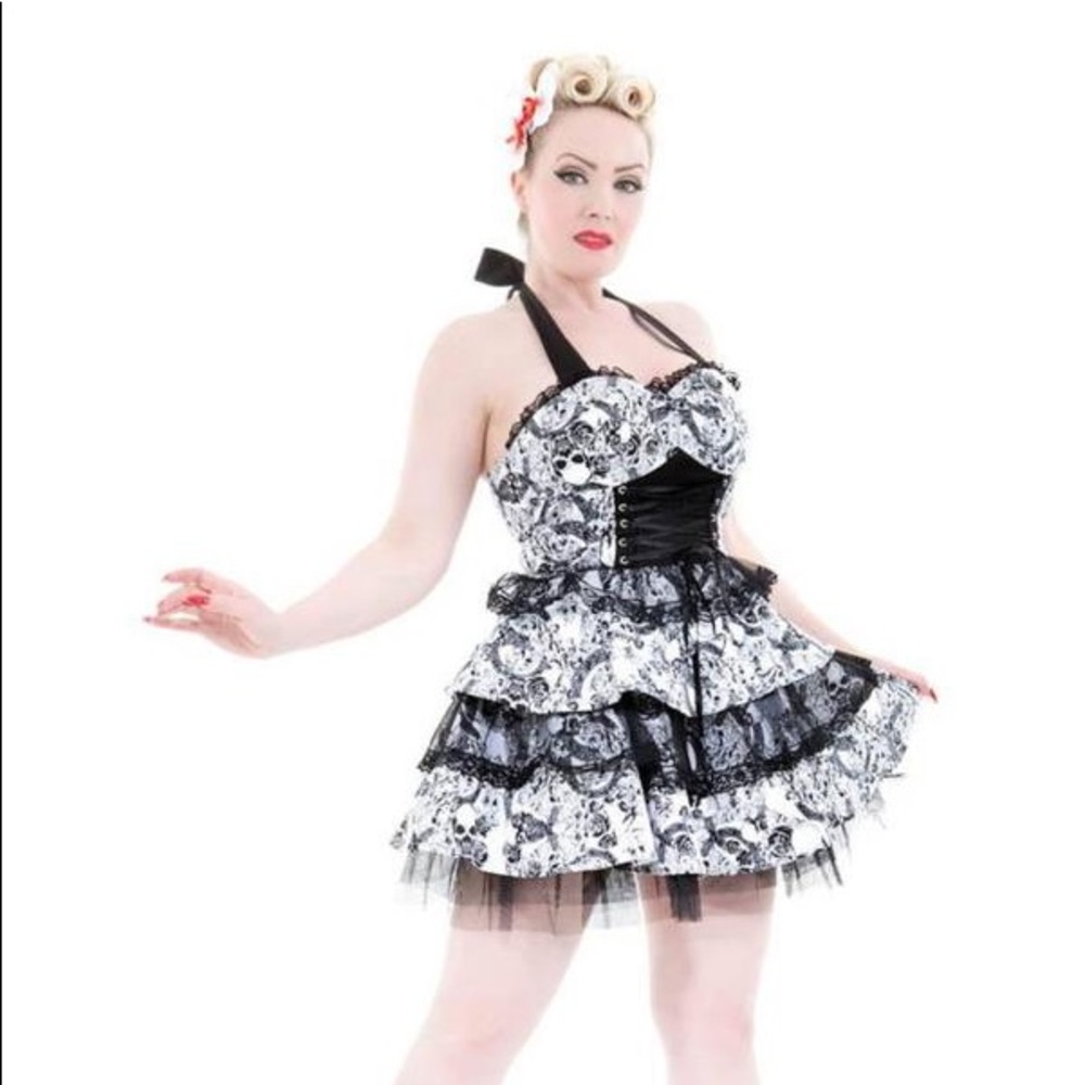 BLACK & WHITE BAROQUE SKULL PRINT HALTER DRESS